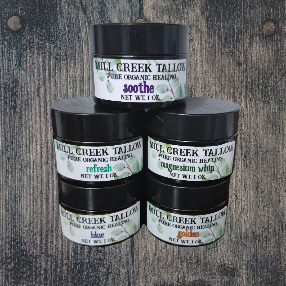 Mill Creek Tallow Sampler Set BLUE, REFRESH, MAGNESIUM WHIP, SOOTHE & GOLDEN 1 oz Whipped Tallow Blend