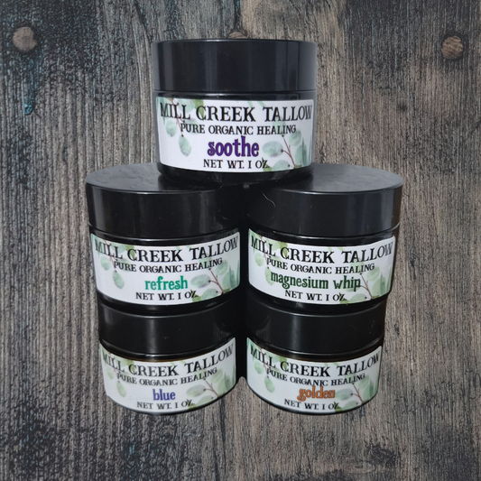Mill Creek Tallow Sampler Set BLUE, REFRESH, MAGNESIUM WHIP, SOOTHE & GOLDEN 1 oz Whipped Tallow Blend